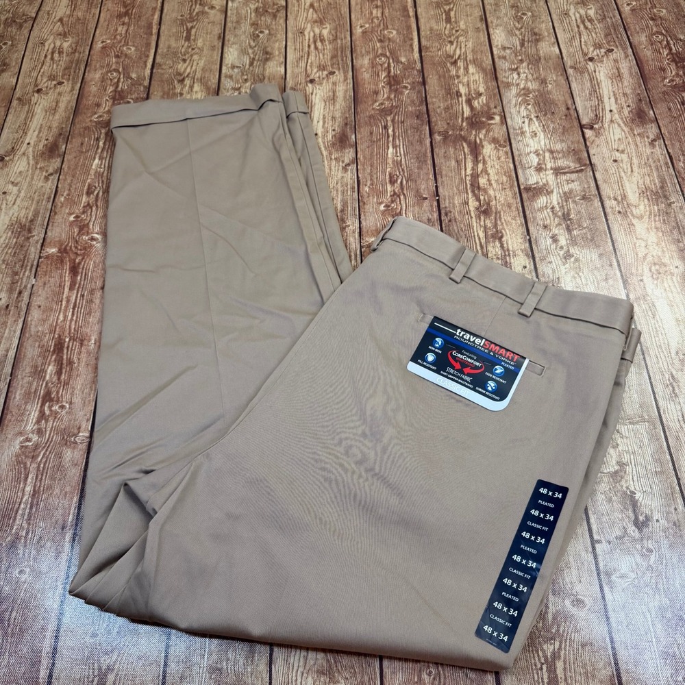 Roundtree & Yorke TravelSmart Pleated Pants Mens 48x34" Tan Classic Fit NWT
